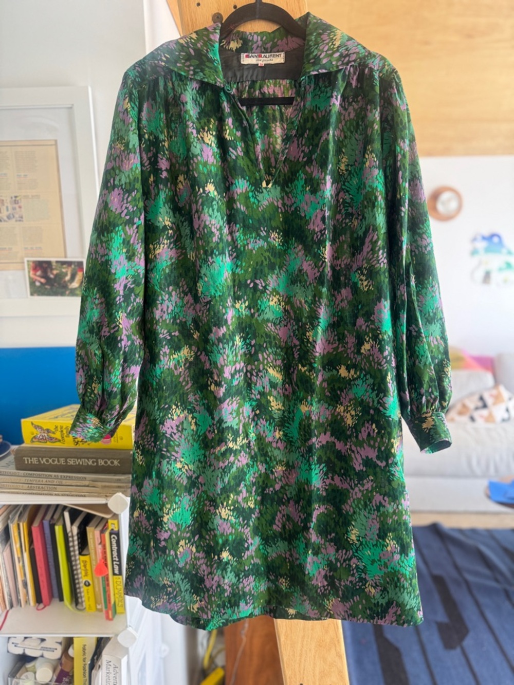 Yves Saint Laurent Rive Gauche Vintage Green & Purple Floral Dress (7.5-8, M) - Picture 3 of 12